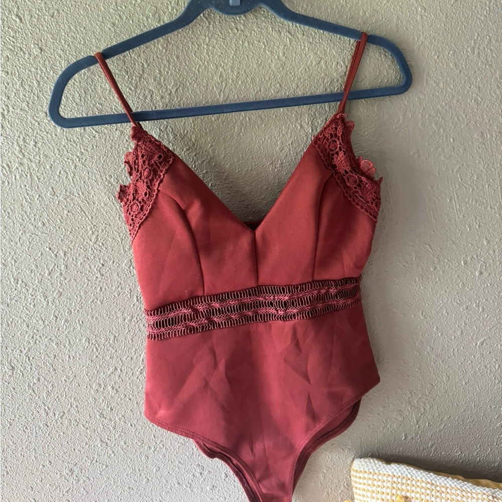 Burgundy Lace-Trimmed Bodysuit